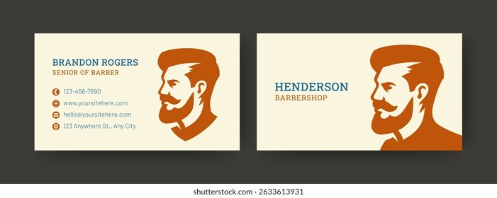 A stylish and modern red and beige business card template for a barber with contact details, logo, and professional services. The template is suitable for both personal and corporate use