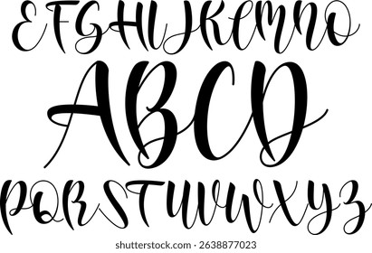 A stylish and modern script alphabet featuring uppercase letters in a hand-drawn calligraphy style. The font displays smooth, flowing lines with elegant curves, perfect for wedding invitations, logos