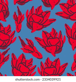 Stylish modern seamless pattern with peony and carnation flowers in red on blue. Vector background, design, print on fabric, packaging 