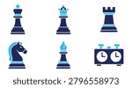 A stylish and modern set of six chess pieces including king, queen, rook, knight, bishop, and a chess clock timer icon. Perfect for game apps, educational materials, or chess-related designs. Clean and vibrant design with a dark and light color scheme.