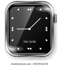 A stylish and modern smartwatch face featuring a minimalist analog design with a black background and white markers