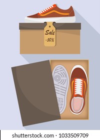 Stylish Modern Sneakers In Box, Side And Top View. The Price Tag With A Discount Of 50 Percent. Sports Or Casual Shoes. Illustration For A Shoe Store. Vector Flat Illustration