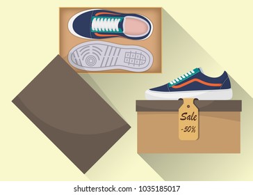 Stylish modern sneakers in box, side and top view. The price tag with a discount of 50 percent. Sports or casual shoes. Illustration for a shoe store. Vector flat illustration