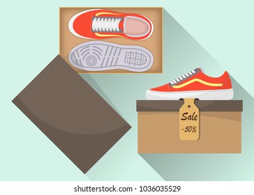 Stylish modern sneakers in box, side and top view. The price tag with a discount of 50 percent. Sports or casual shoes. Illustration for a shoe store. Vector flat illustration