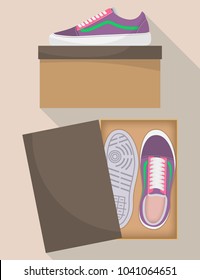 Stylish Modern Sneakers In Box, Side And Top View. Sneakers In A Shoe Box. Sports Or Casual Shoes. Illustration For A Shoe Store. Vector Flat Illustration