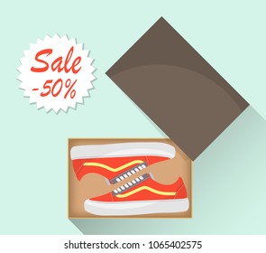 Stylish modern sneakers in box, side view. Sale with a discount of 50 percent. Sports or casual shoes. Illustration for a shoe store. Vector flat illustration