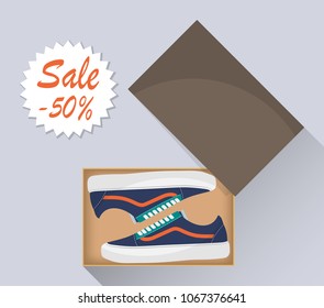 Stylish modern sneakers in box, side view. Sale with a discount of 50 percent. Sports or casual shoes. Illustration for a shoe store. Vector flat illustration