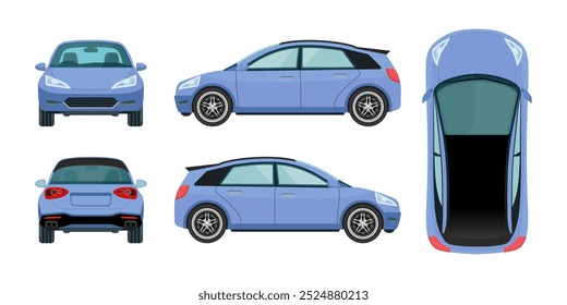 Stylish Modern Sportscar and Hatchback: Cartoon SUV Vehicle Vector with Front, Side, Rear, Top, and Back Views. Vector.