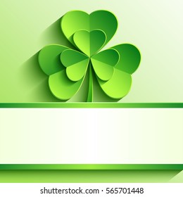 Stylish modern St. Patrick's day card with green 3d leaf clover cutting paper. Trendy spring background with place for text. Beautiful bright wallpaper. Vector illustration 