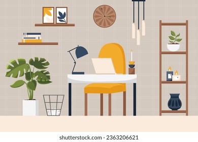 Un armario de estilo moderno y elegante con sillón, mesa y estanterías en tonos azul marino, naranja y blanco. Decoración y colección de muebles. Diseño escandinavo. Ilustración plana de dibujos animados