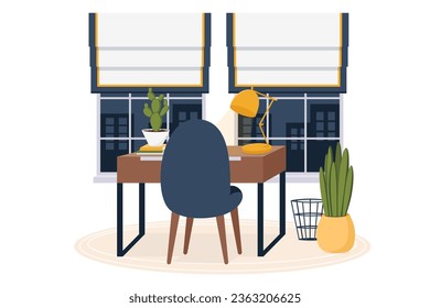Stylish modern style cabinet with  armchair, table and shelves in navy blue, orange and white tones. Interior and furniture collection. Scandinavian design. Vector cartoon flat illustration