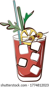 Stylish modern style Ice cold fresh salty tomato bloody Mary garnished with olives, celery and slice of lemon. Goof for cocktail party card, invitations, posters, bar menu and cook book recipe.