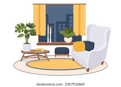 Stilvolles, modernes Wohnzimmer mit Sessel, Couch und Holztisch in Marineblau, Orange und Weiß. Innen- und Möbelkollektion. Skandinavisches Design. Vektorgrafik-Flachgrafik