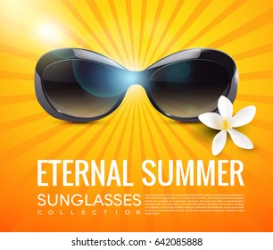Stylish modern sunglasses template with text and tropical flower on light orange sunburst background vector illustration