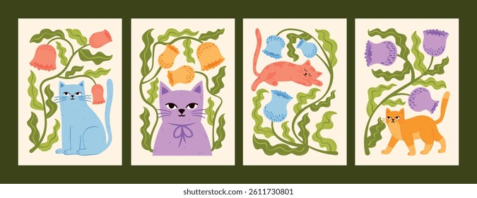 Stylish modern trendy poster collection with plants, flowers, leaves, botanical elements and cats. Vector hand drawn illustrations with cute gentle kitties set.