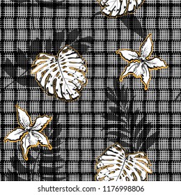 Stylish Modern Tropical palm and leaves , orchid flowers on hand drawn grid texture design for fashion ,fabric,and all prints on back and white background color