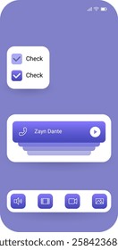 A stylish and modern user interface design featuring interactive elements such as checkboxes, call notifications, and media icons on a soft gradient background