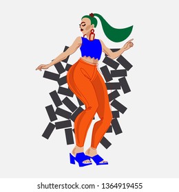 Stylish modern vector illustration with dancing girl.  The concept of healthy lifestyle, success, celebrating, party. 
