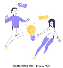 Stylish modern vector illustration for website or catalog. It is devoted to the search for ideas, brainstorm, teamwork.