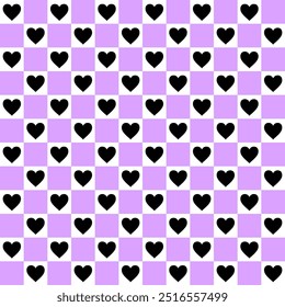 stylish and modern vector pattern featuring black hearts on a purple checkered background. This geometric design is perfect for creating trendy wallpapers, backgrounds