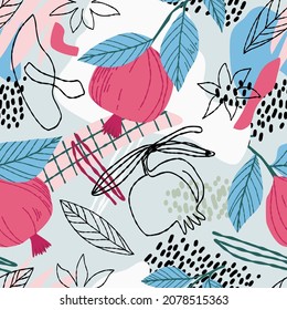 Stylish modern vector pattern with pomegranates and abstract shapes. One line drawing, pomegranate flower, dots, pomegranate - art elements seamless background.