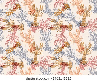 Stylish Modern Vector  Summer Red lobster  Polka dots and striped , Seamless pattern, Design for fashion , fabric, textile, wallpaper, cover   and all prints