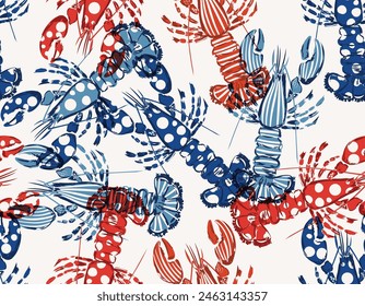 Stylish Modern Vector  Summer Red lobster  Polka dots and striped , Seamless pattern, Design for fashion , fabric, textile, wallpaper, cover   and all prints