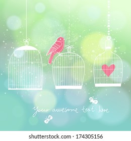 Stylish modern wedding invitation in vector. Bird, cages and butterflies on stylish concept background in warm colors