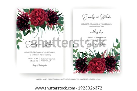 Stylish modern wedding invite cards template set. Burgundy dahlia flower, elegant red color garden Rose, greenery eucalyptus leaves, thistle wreath bouquet decoration. Editable vector art illustration