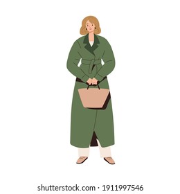 Stylish modern woman in autumn fashion outfit. Model wearing belted coat and bag. People in trendy elegant clothes in urban casual style. Colored flat vector illustration isolated on white background.