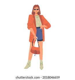 Stylish modern woman in fashion clothes isolated flat cartoon character. Vector fashionable lady spring and autumn vogue. Lady in urban outfit, stylish coat and bag, pants and blouse, high heel boots