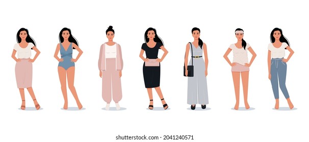 Stylish modern woman in flat style. Vector female characters in different clothes. Comfortable home clothes. Evening outfit. Office suit.