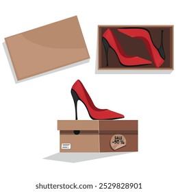 Stylish modern woman s high heel shoes in box, side view. The price tag with a discount of 50 percent. Illustration for a shoe store. Vector flat illustration.