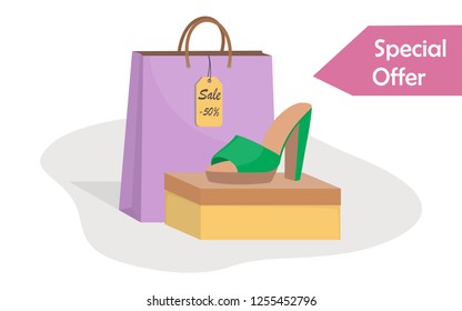 Stylish modern woman s shoes on box, side view, colorful paper bag and price tag with 50 percent discount. Sale in a shoe store. Footwear sale advertising banner. Vector illustration, flat style