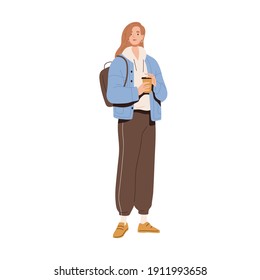 Stylish modern woman in sports fashion outfit. Model wearing hoodie, banana pants, sneakers and backpack. Trendy clothes in urban casual style. Colored flat vector illustration isolated on white