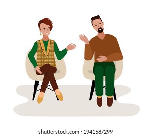 A stylish modern woman talks to a nice man. A couple of adults are sitting on chairs and talking. Vector illustration. A date, a flirt, a conversation of a young couple. Nice meeting.