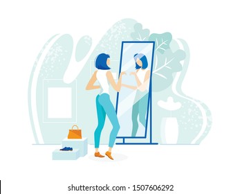 Stylish Modern Young Woman Standing Checkout her Look in Reflect Mirror. Character Shopping at Garment Fashion Store with Clothes and Shoes. Flat Vector Illustration for any purpose Design