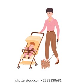 Stylish mom carries stroller with child and keeps dog on leash flat style, vector illustration isolated on white background. Happy family, decorative design element, baby care, walking