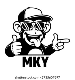 A stylish monkey wearing sunglasses and a cap, striking a cool pose with a finger gun gesture and a tongue out.