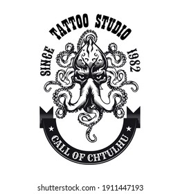 Stylish monochrome emblem with Cthulhu head vector illustration. Vintage sign or sticker with engraving myth creature with tentacles. Horror and mythology concept can be used for sticker and badge