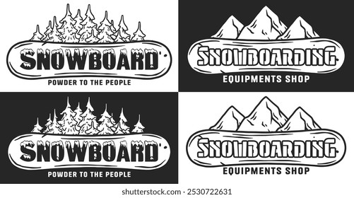 Elegantes emblemas monocromáticos con paisajes nevados de montaña y pinares para el equipo de la tienda de snowboard. Eleve su look de invierno con encanto vintage. Golpea la nieve con estilo.