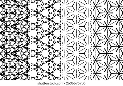 Stylish monochrome geometric textile design featuring intricate repeating patterns ideal for various applications like fabric prints or digital backgrounds.