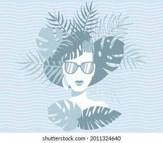 Stylish monochrome girl in tropical leaves. Vector illustration