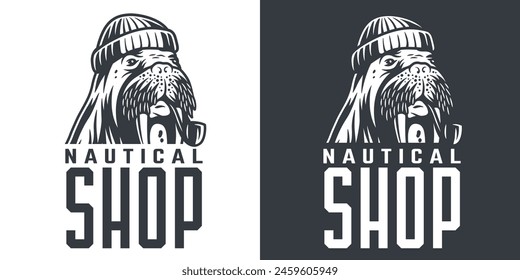 Stilvolles monochromes Logo für einen Nautikshop mit Walross in einer Seemannshut für Marine-Unternehmen und Ocean Branding oder Merchandise.