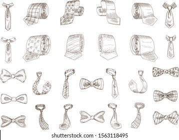 Stylish monochrome neckwear items hand drawn illustrations set. Striped, dotted and checkered neckties pack. Male ties and bow ties with different patterns isolated on white background