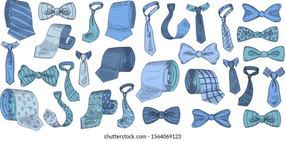 Stylish monochrome neckwear items hand drawn illustrations set. Striped, dotted and checkered neckties pack. Male ties and bow ties with different patterns isolated on white background