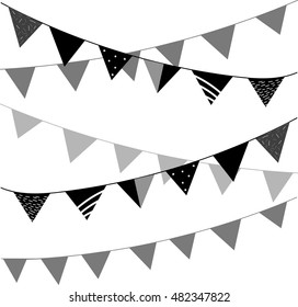 stylish monochrome triangle flags design pattern, bunting banner. party background, minimalistic and geometric vector illustration in black and gray colors