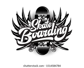 Stylish monochrome vector illustration on skateboarding theme with calligraphic inscription.