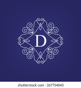 Stylish monogram design template with letter D on dark blue background.Vector illustration. Elegant line frame.
