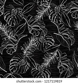 Stylish monotone black and white color of Floral and tropical leaves seamless pattern,palm trees in hand drawn line sketch 